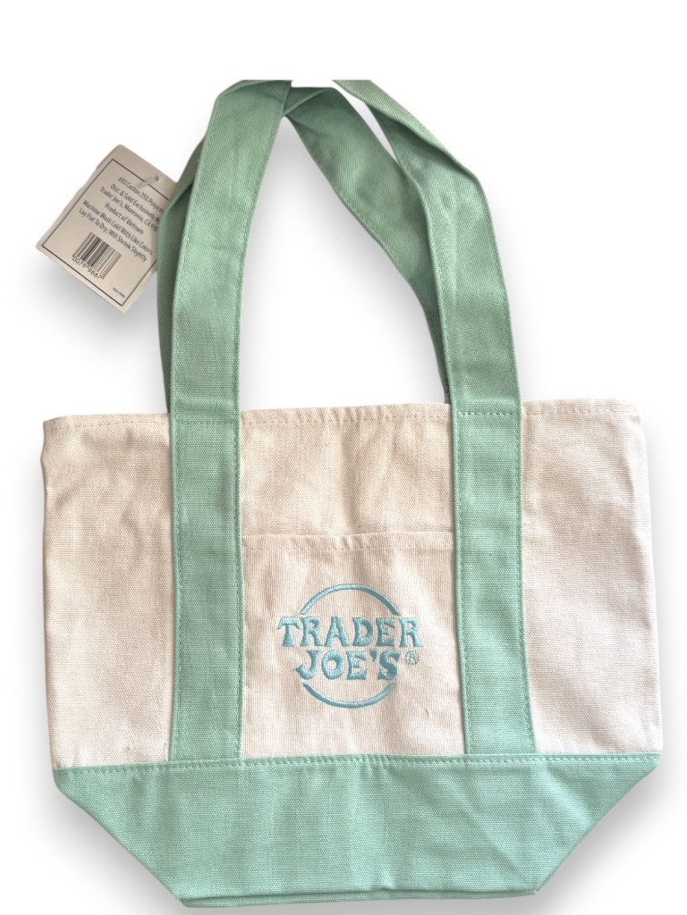 TRADER JOE'S Mini Pastel Canvas Tote Bag Teal NWT - Picture 2 of 7